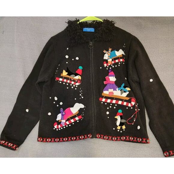 Karen Scott Ugly Christmas Sweater Black Polar Bears‎ Penguins Zip Front Size LP - Picture 1 of 9